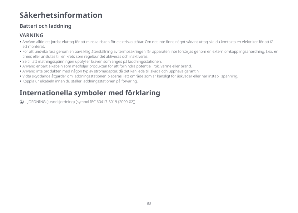 Säkerhetsinformation, Internationella symboler med förklaring, Batteri och laddning varning | Roborock S8 Pro Ultra CE User Manual | Page 83 / 92