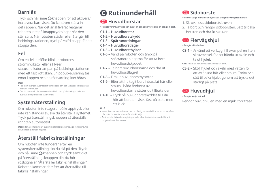 Rutinunderhåll, Återställ fabriksinställningar, Systemåterställning | Huvudborstar, Sidoborste, Barnlås, Flervägshjul, Huvudhjul | Roborock S8 Pro Ultra CE User Manual | Page 89 / 92