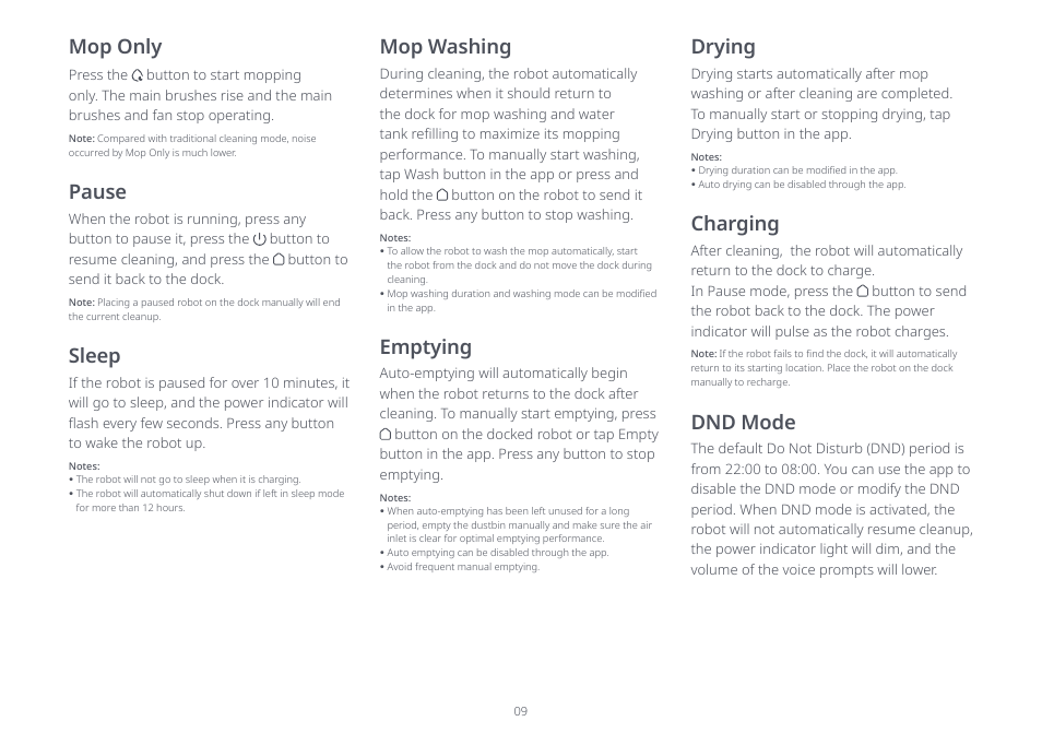 Pause, Drying, Mop only | Sleep, Dnd mode charging, Mop washing, Emptying | Roborock S8 Pro Ultra CE User Manual | Page 9 / 92