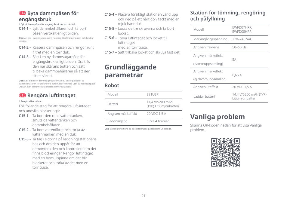 Grundläggande parametrar, Vanliga problem, Byta dammpåsen för engångsbruk | Rengöra luftintaget, Robot, Station för tömning, rengöring och påfyllning | Roborock S8 Pro Ultra CE User Manual | Page 91 / 92