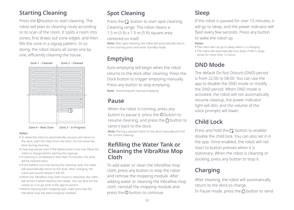 Starting cleaning, Spot cleaning emptying, Pause | Sleep, Dnd mode child lock, Charging | Roborock S8+ CE User Manual | Page 10 / 15