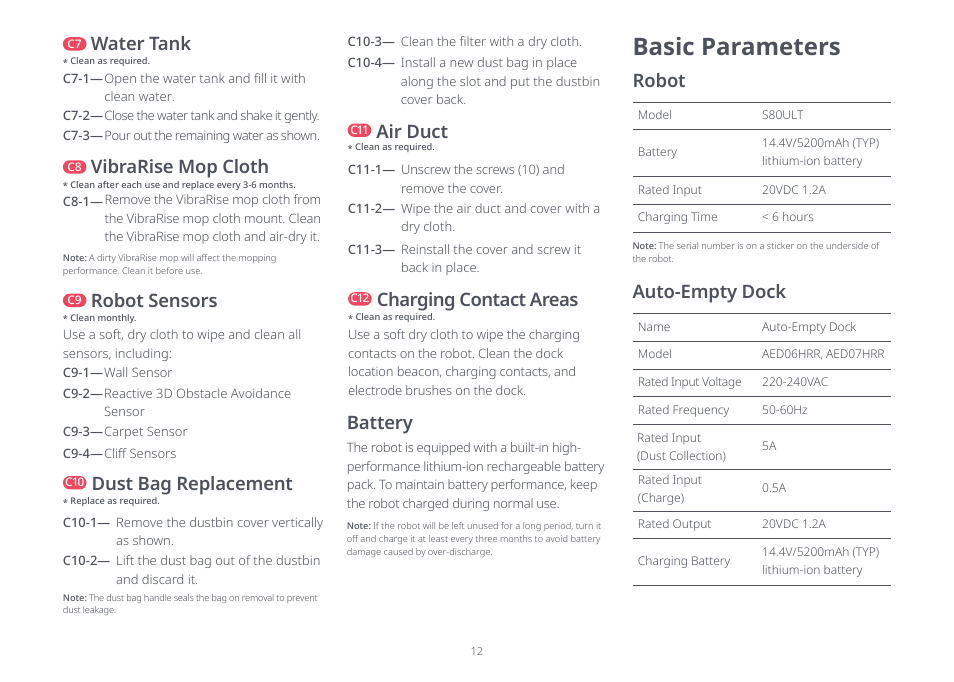 Basic parameters, Battery, Robot sensors | Water tank, Vibrarise mop cloth, Air duct, Dust bag replacement, Charging contact areas, Robot, Auto-empty dock | Roborock S8+ CE User Manual | Page 12 / 15