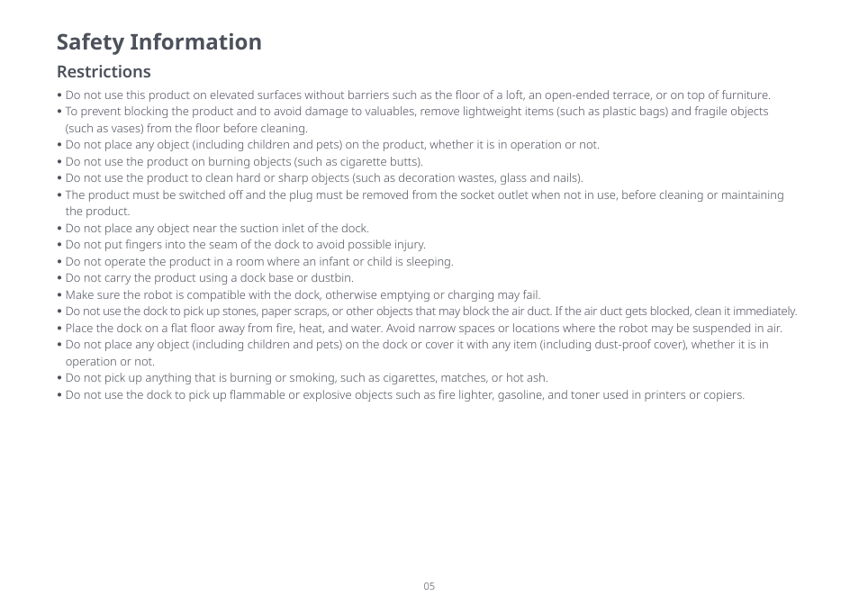 Safety information, Restrictions | Roborock S8+ CE User Manual | Page 5 / 15