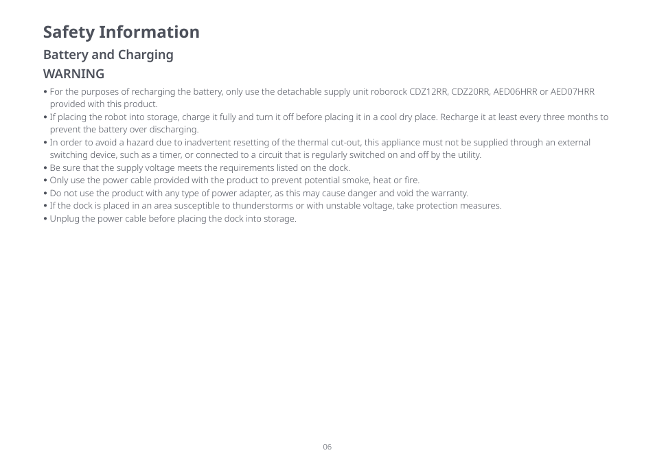 Safety information, Battery and charging warning | Roborock S8+ CE User Manual | Page 6 / 15