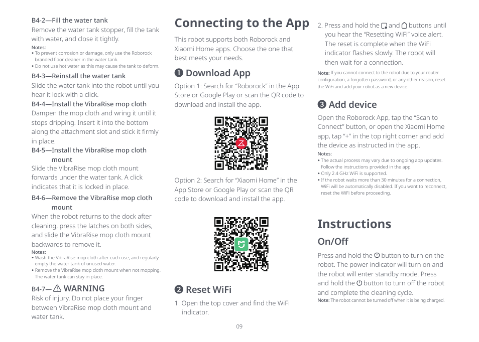 Connecting to the app, Instructions, Download app | Reset wifi, Add device, On/off, Warning | Roborock S8+ CE User Manual | Page 9 / 15