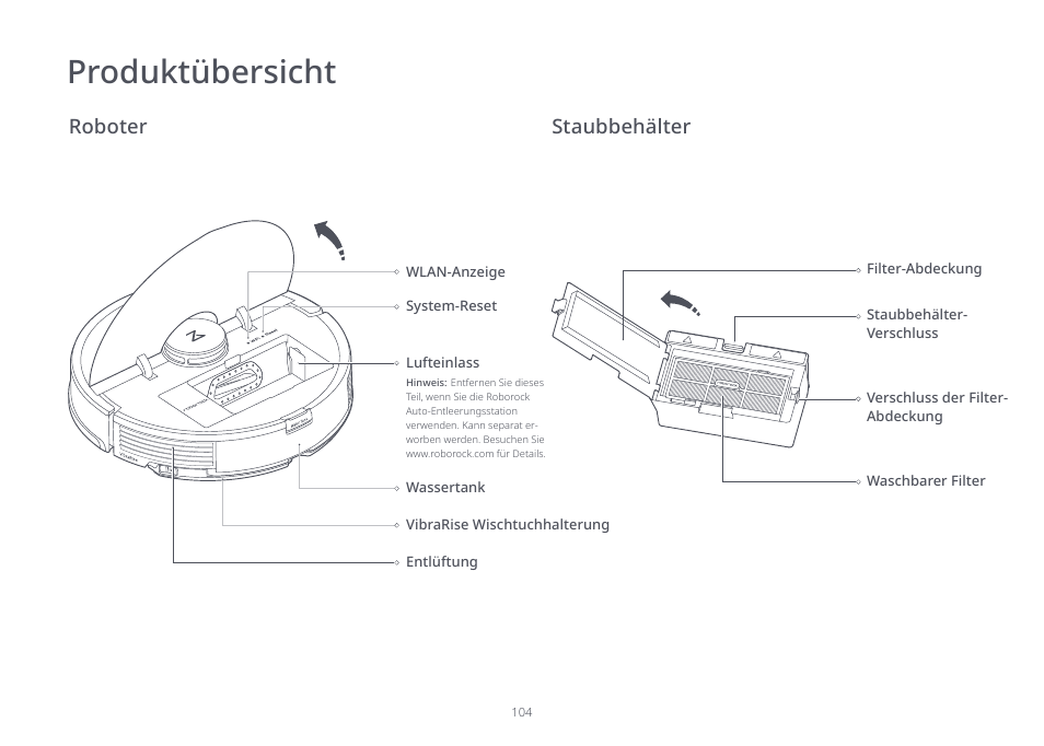 Produktübersicht, Roboter, Staubbehälter | Roborock S7 CE User Manual | Page 104 / 372