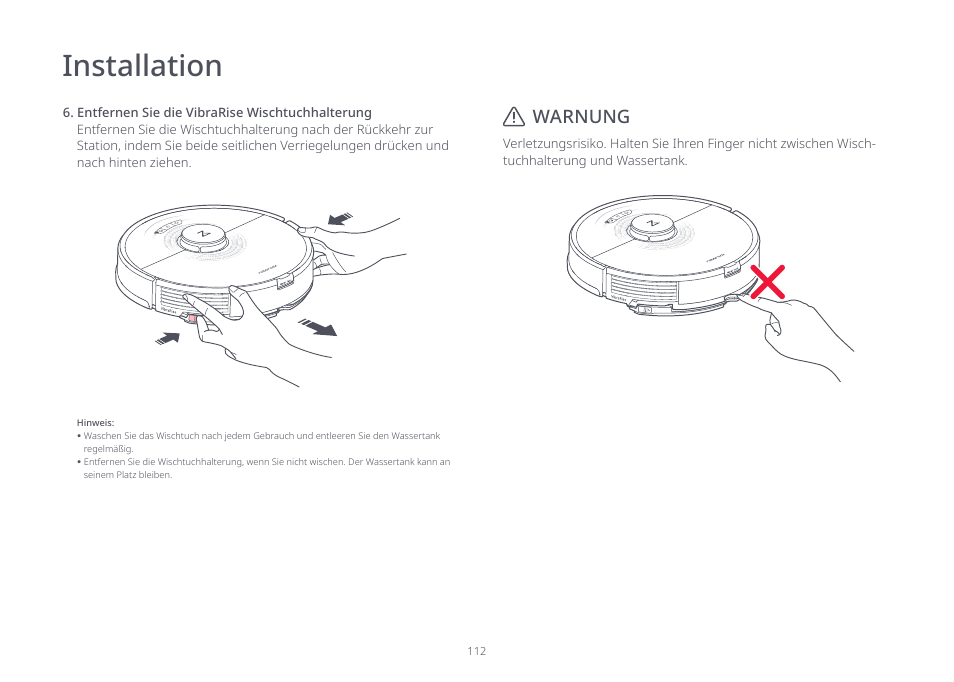 Installation, Warnung | Roborock S7 CE User Manual | Page 112 / 372