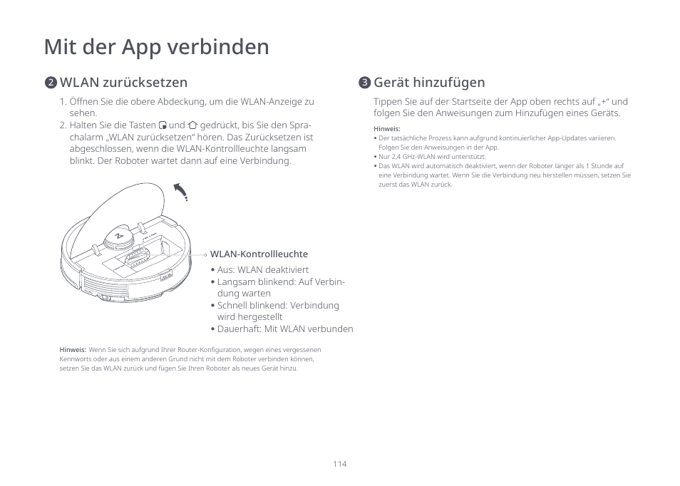 Mit der app verbinden, Wlan zurücksetzen gerät hinzufügen | Roborock S7 CE User Manual | Page 114 / 372