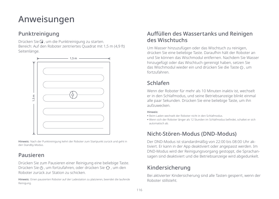 Anweisungen, Punktreinigung, Schlafen | Des wischtuchs | Roborock S7 CE User Manual | Page 116 / 372