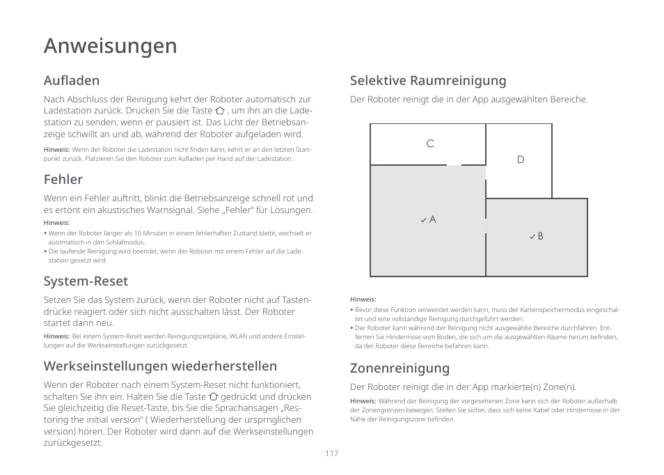 Anweisungen, Fehler, System-reset | Werkseinstellungen wiederherstellen zonenreinigung, Selektive raumreinigung | Roborock S7 CE User Manual | Page 117 / 372