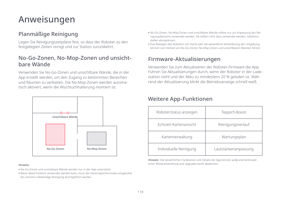 Anweisungen, Planmäßige reinigung, No-go-zonen, no-mop-zonen und unsicht- bare wände | Weitere app-funktionen, Firmware-aktualisierungen | Roborock S7 CE User Manual | Page 118 / 372