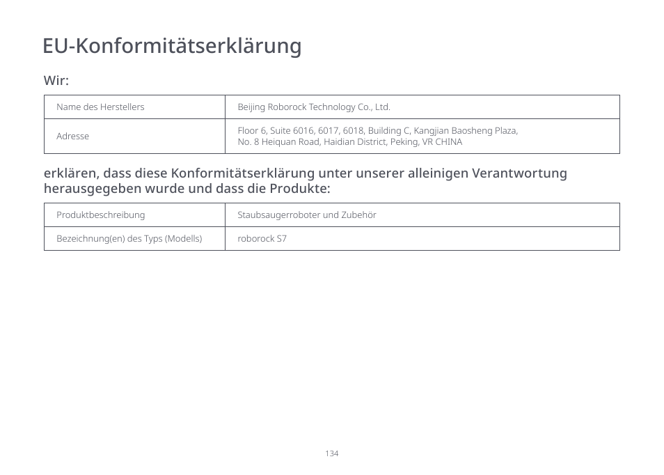 Eu-konformitätserklärung | Roborock S7 CE User Manual | Page 134 / 372