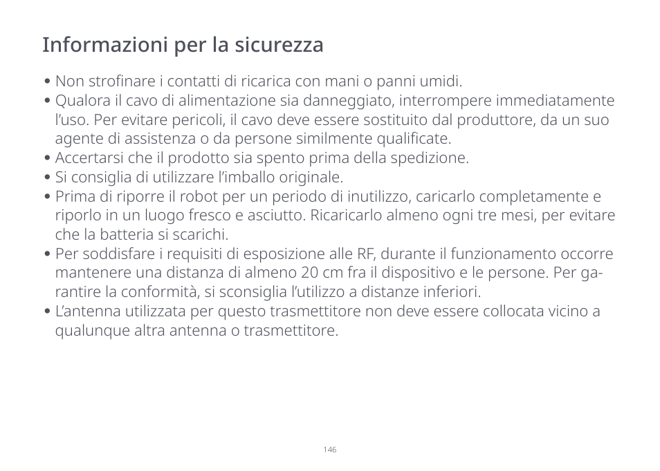 Informazioni per la sicurezza | Roborock S7 CE User Manual | Page 146 / 372