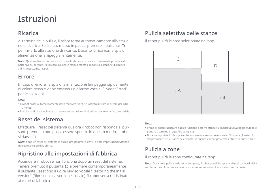 Istruzioni, Ricarica, Errore | Reset del sistema, Pulizia selettiva delle stanze | Roborock S7 CE User Manual | Page 163 / 372