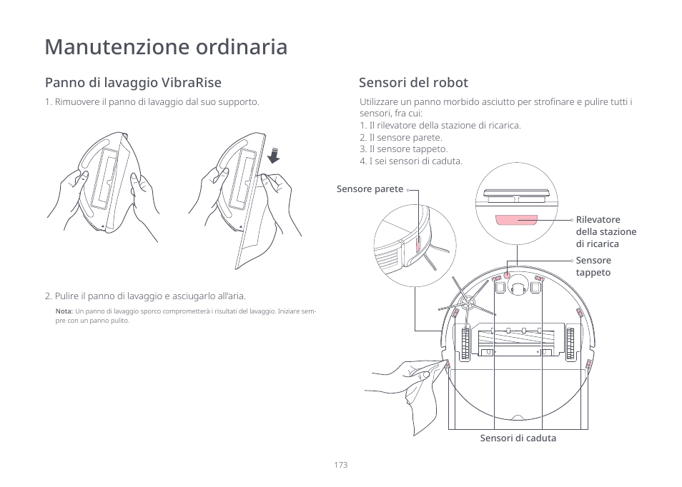 Manutenzione ordinaria, Panno di lavaggio vibrarise, Sensori del robot | Roborock S7 CE User Manual | Page 173 / 372