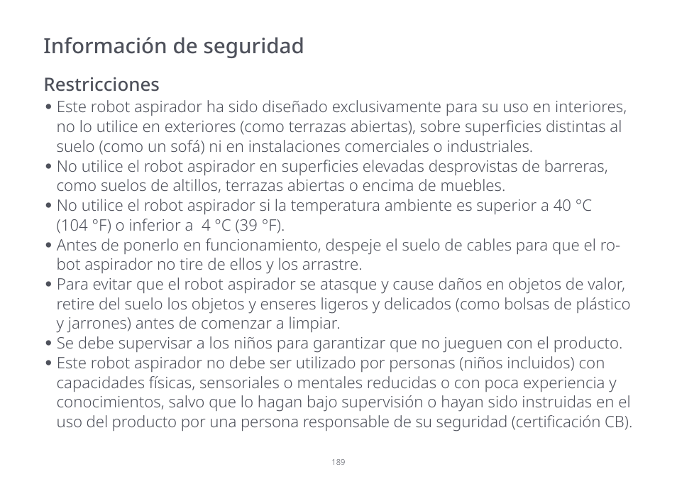 Información de seguridad | Roborock S7 CE User Manual | Page 189 / 372