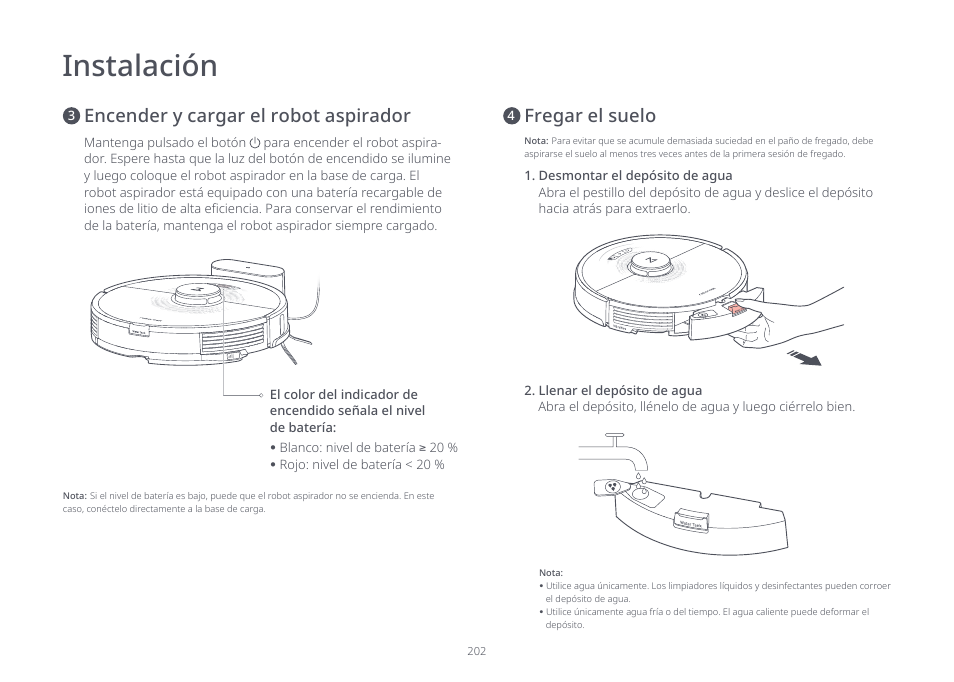 Instalación, Fregar el suelo, Encender y cargar el robot aspirador | Roborock S7 CE User Manual | Page 202 / 372