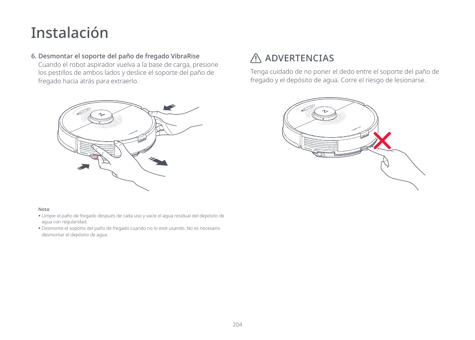 Instalación, Advertencias | Roborock S7 CE User Manual | Page 204 / 372