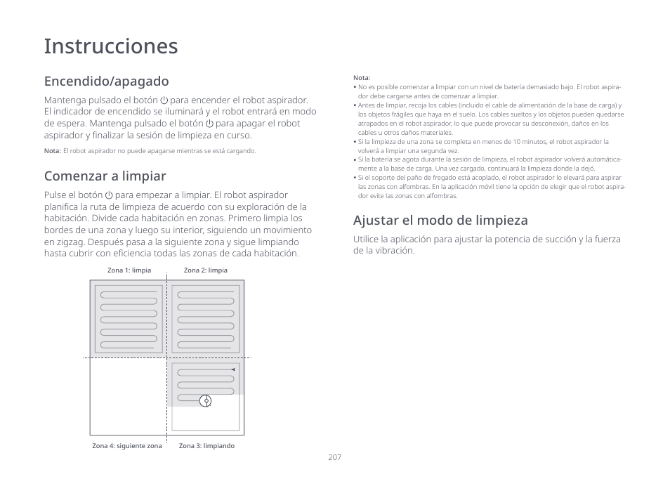 Instrucciones, Encendido/apagado, Comenzar a limpiar ajustar el modo de limpieza | Roborock S7 CE User Manual | Page 207 / 372