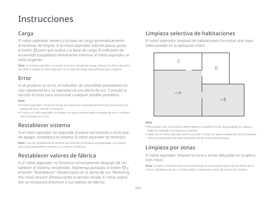 Instrucciones, Carga, Error | Restablecer sistema, Restablecer valores de fábrica limpieza por zonas, Limpieza selectiva de habitaciones | Roborock S7 CE User Manual | Page 209 / 372