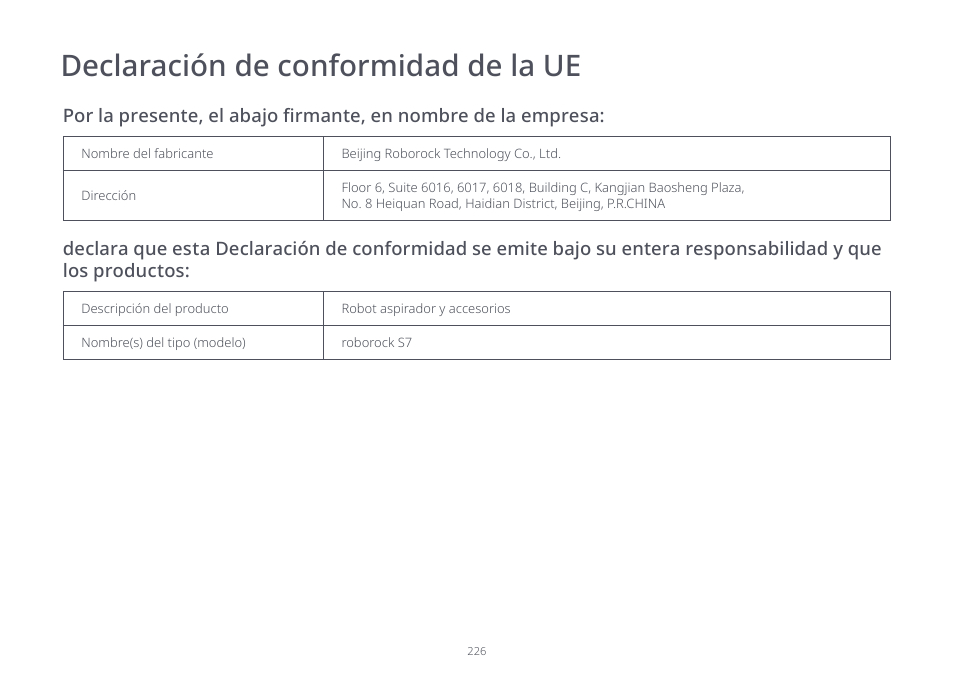 Declaración de conformidad de la ue | Roborock S7 CE User Manual | Page 226 / 372