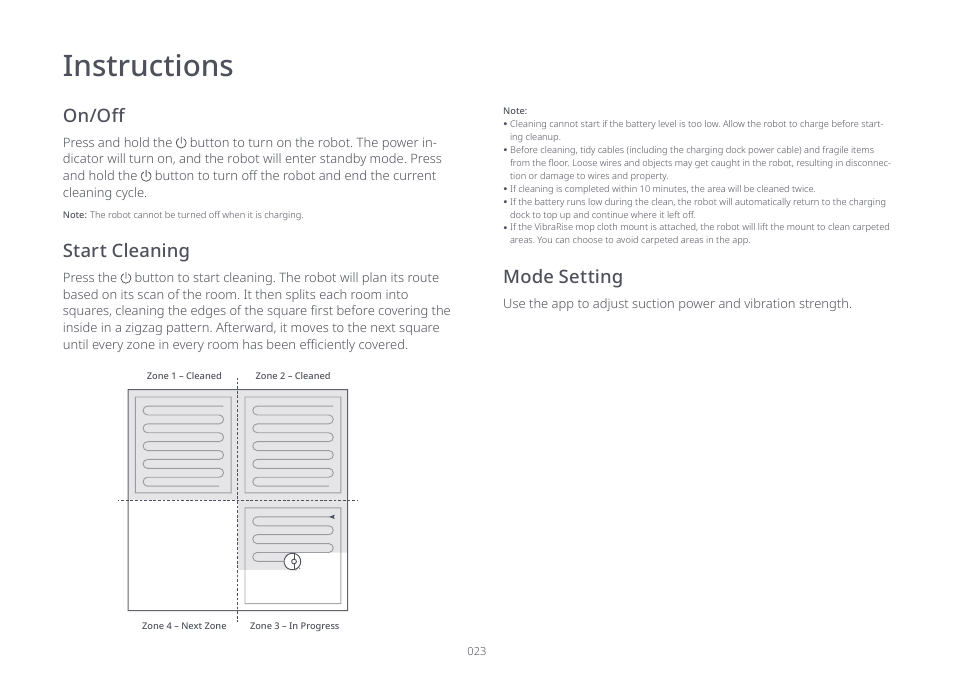 Instructions, Start cleaning, Mode setting | Roborock S7 CE User Manual | Page 23 / 372
