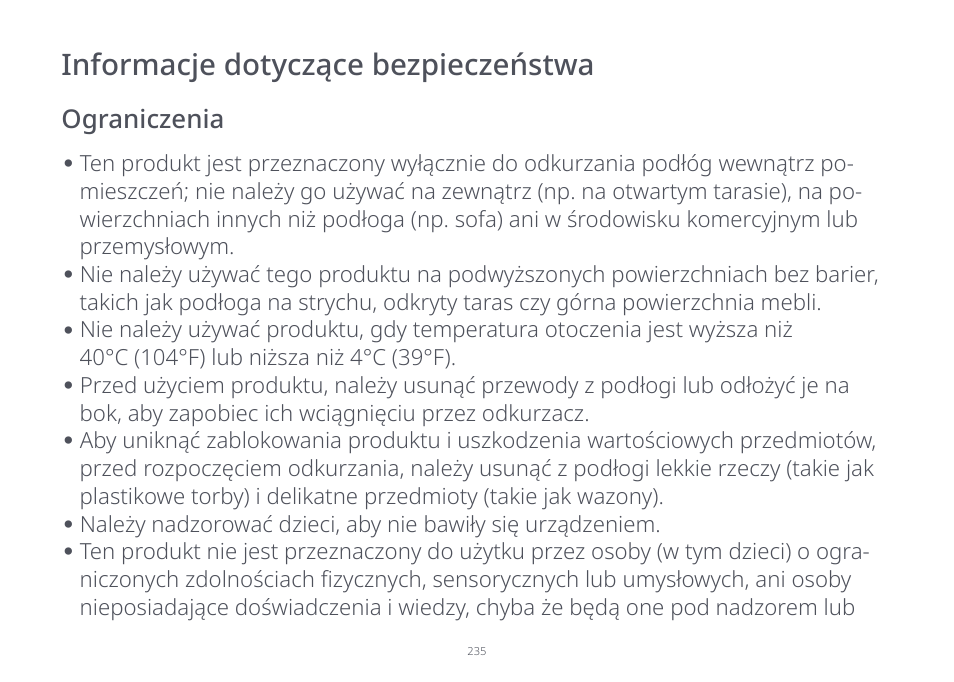 Ograniczenia | Roborock S7 CE User Manual | Page 235 / 372