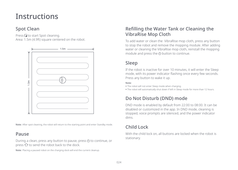 Instructions, Spot clean, Do not disturb (dnd) mode child lock pause | Sleep, Vibrarise mop cloth | Roborock S7 CE User Manual | Page 24 / 372