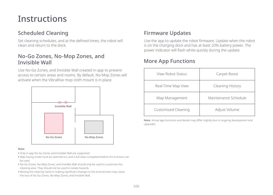 Instructions, Scheduled cleaning, No-go zones, no-mop zones, and invisible wall | More app functions, Firmware updates | Roborock S7 CE User Manual | Page 26 / 372