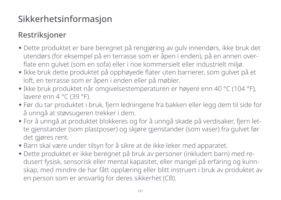 Sikkerhetsinformasjon | Roborock S7 CE User Manual | Page 281 / 372