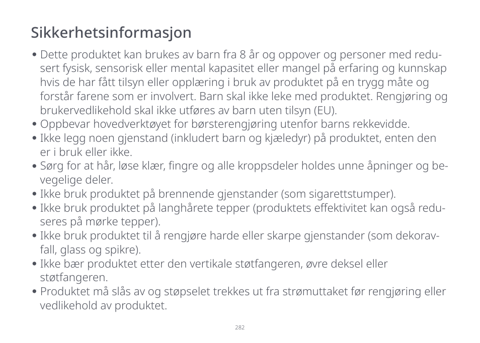 Sikkerhetsinformasjon | Roborock S7 CE User Manual | Page 282 / 372