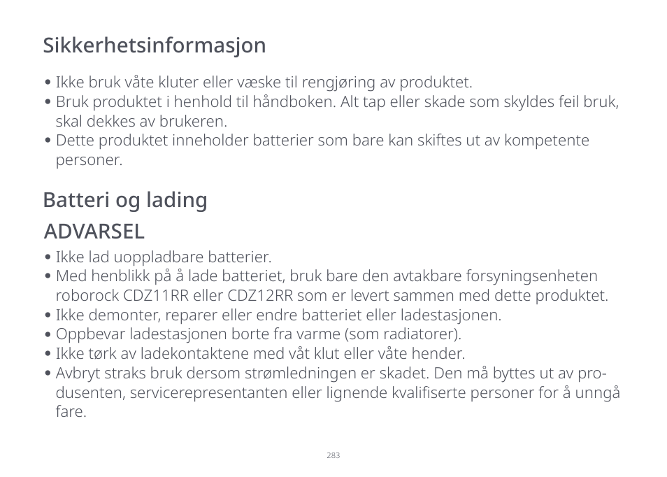 Sikkerhetsinformasjon batteri og lading advarsel | Roborock S7 CE User Manual | Page 283 / 372
