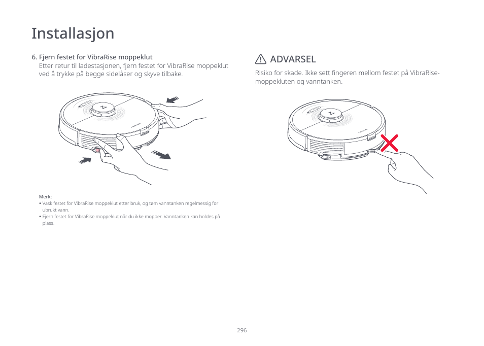 Installasjon, Advarsel | Roborock S7 CE User Manual | Page 296 / 372