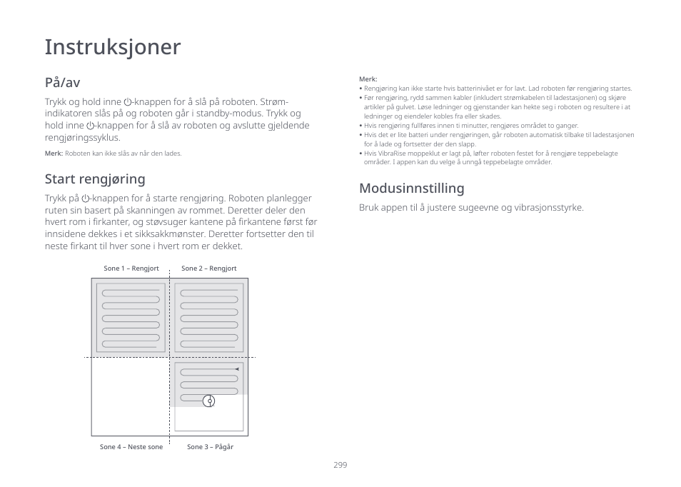 Instruksjoner, På/av, Start rengjøring modusinnstilling | Roborock S7 CE User Manual | Page 299 / 372
