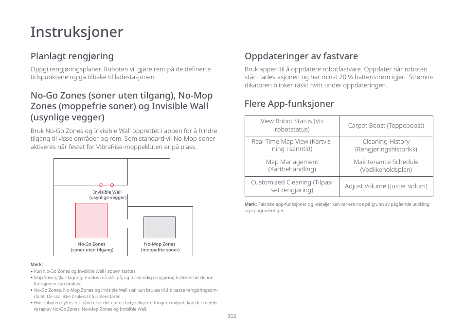 Instruksjoner, Planlagt rengjøring, Flere app-funksjoner | Oppdateringer av fastvare | Roborock S7 CE User Manual | Page 302 / 372