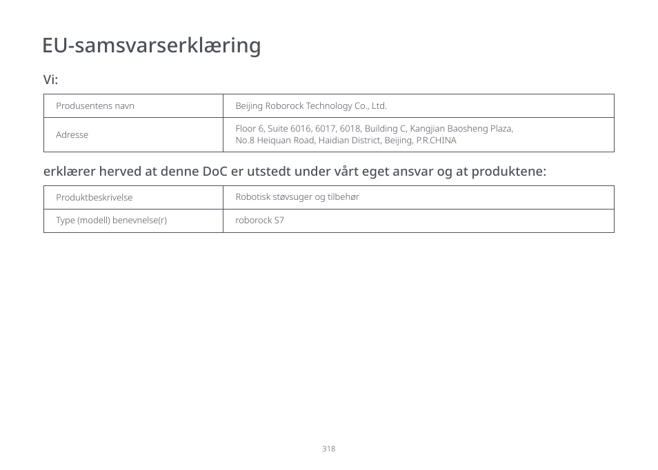 Eu-samsvarserklæring | Roborock S7 CE User Manual | Page 318 / 372