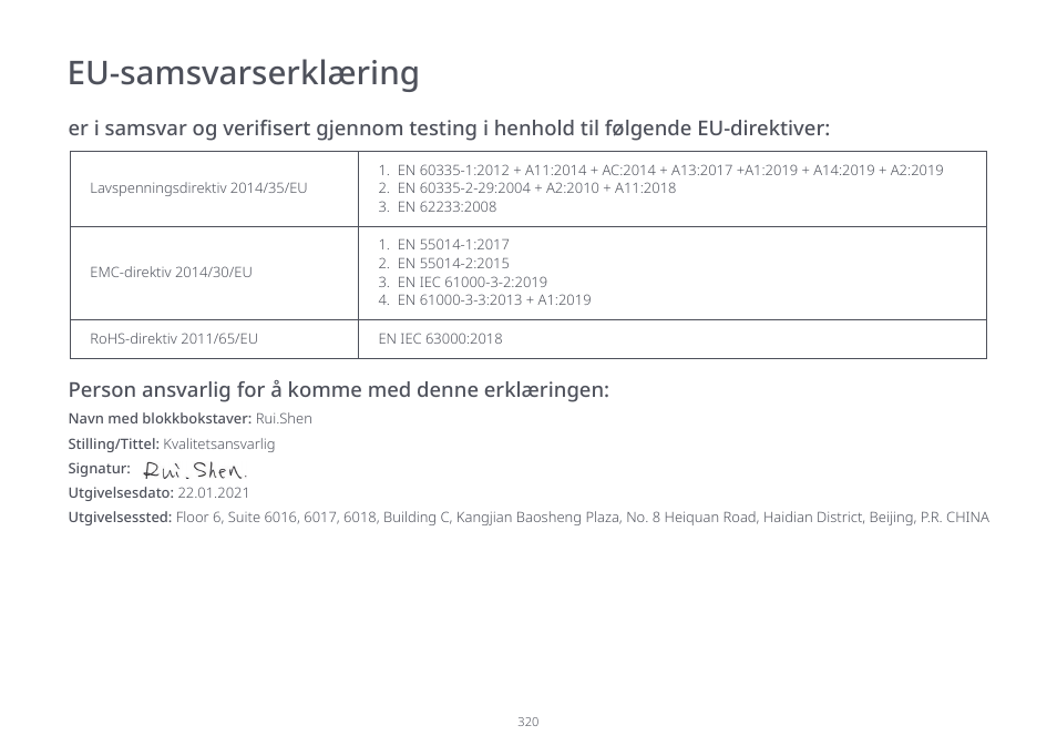 Eu-samsvarserklæring | Roborock S7 CE User Manual | Page 320 / 372