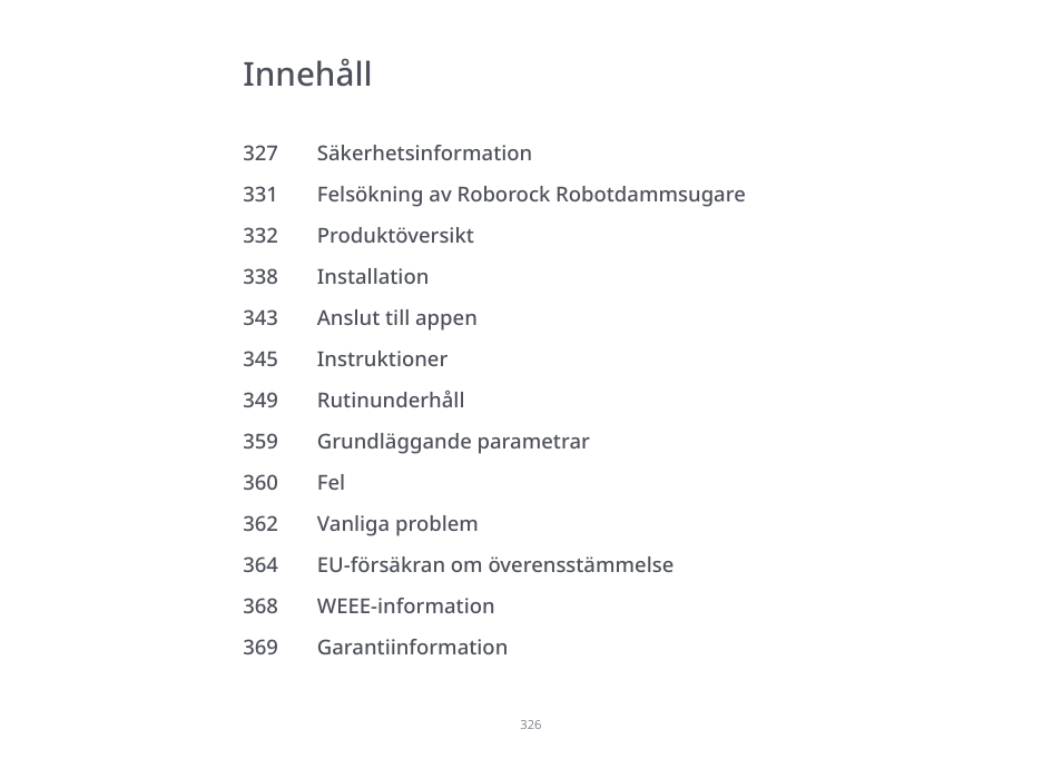 Innehåll | Roborock S7 CE User Manual | Page 326 / 372