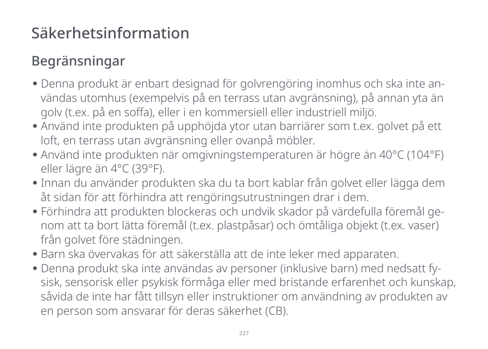 Säkerhetsinformation | Roborock S7 CE User Manual | Page 327 / 372