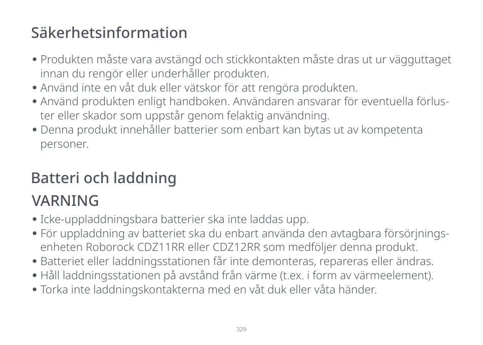 Säkerhetsinformation batteri och laddning varning | Roborock S7 CE User Manual | Page 329 / 372