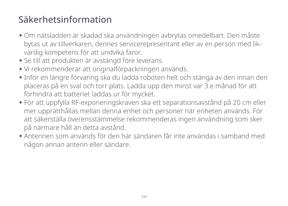 Säkerhetsinformation | Roborock S7 CE User Manual | Page 330 / 372