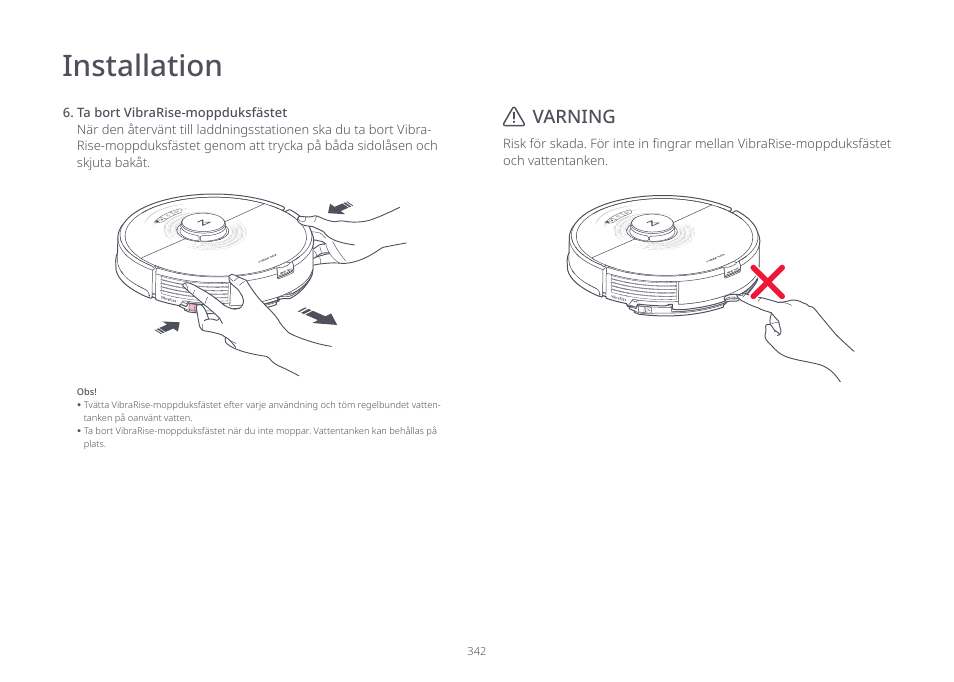 Installation, Varning | Roborock S7 CE User Manual | Page 342 / 372