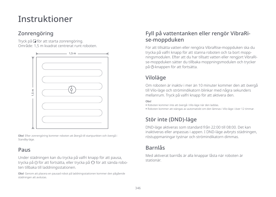 Instruktioner, Zonrengöring, Stör inte (dnd)-läge barnlås paus | Viloläge | Roborock S7 CE User Manual | Page 346 / 372