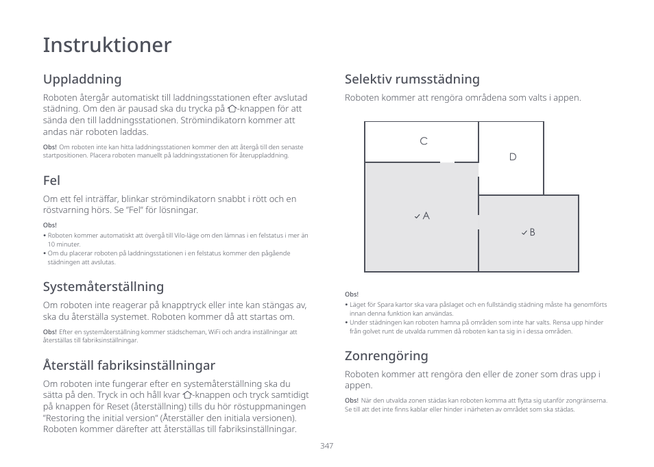 Instruktioner, Uppladdning, Systemåterställning | Återställ fabriksinställningar zonrengöring, Selektiv rumsstädning | Roborock S7 CE User Manual | Page 347 / 372