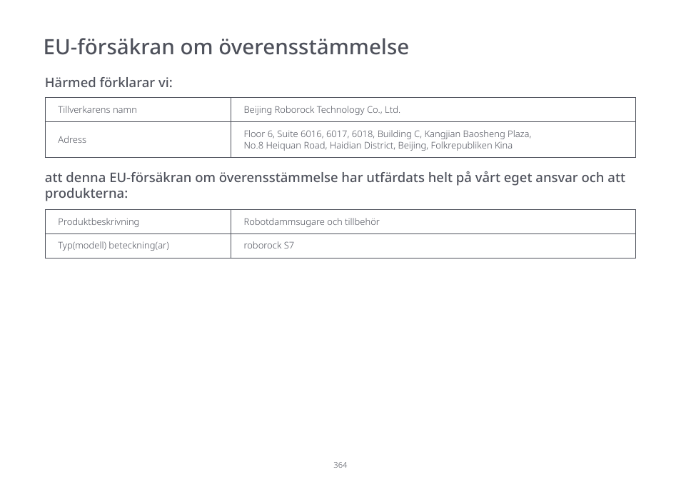 Eu-försäkran om överensstämmelse | Roborock S7 CE User Manual | Page 364 / 372