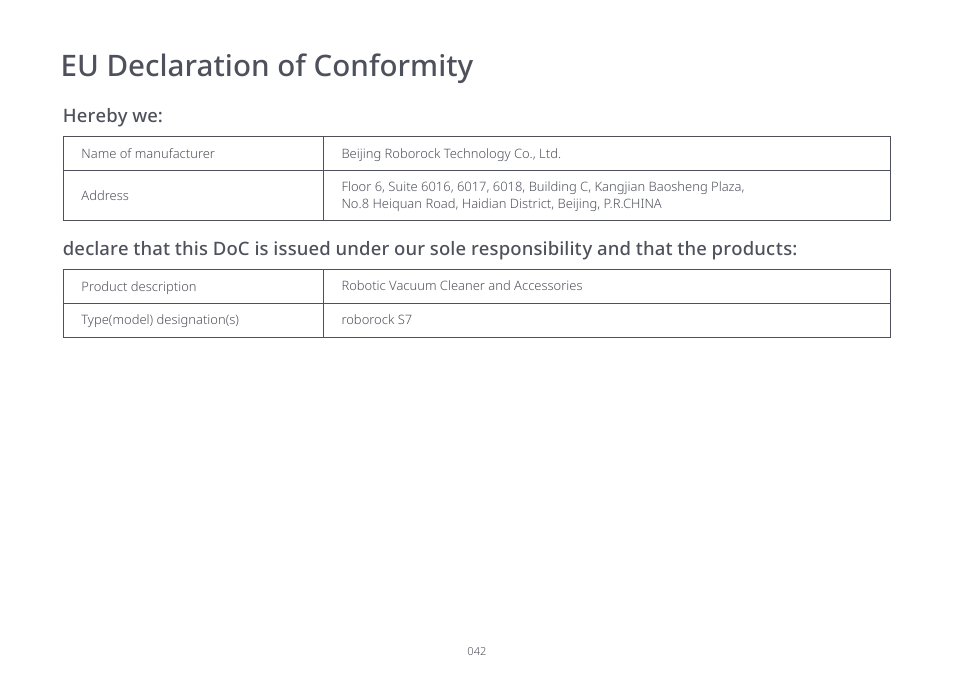 Eu declaration of conformity | Roborock S7 CE User Manual | Page 42 / 372