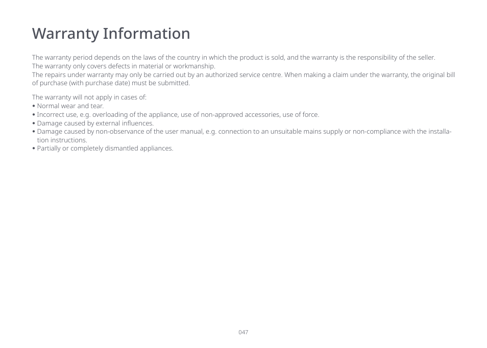 Warranty information | Roborock S7 CE User Manual | Page 47 / 372