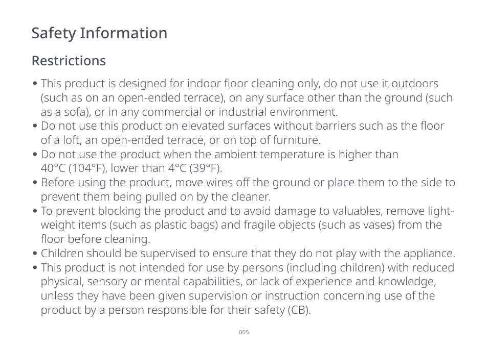 Safety information, Restrictions | Roborock S7 CE User Manual | Page 5 / 372