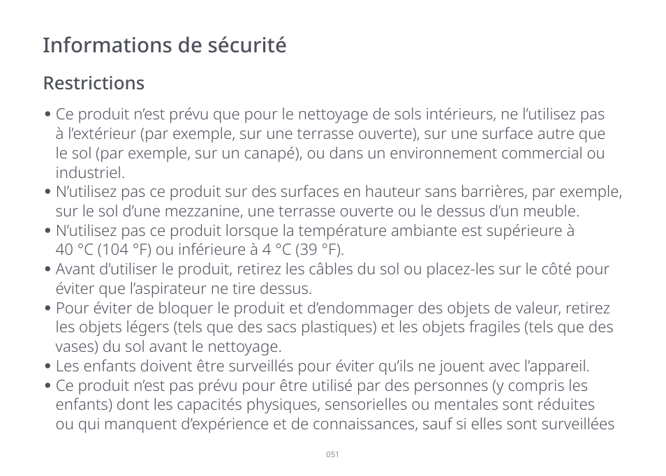 Informations de sécurité, Restrictions | Roborock S7 CE User Manual | Page 51 / 372