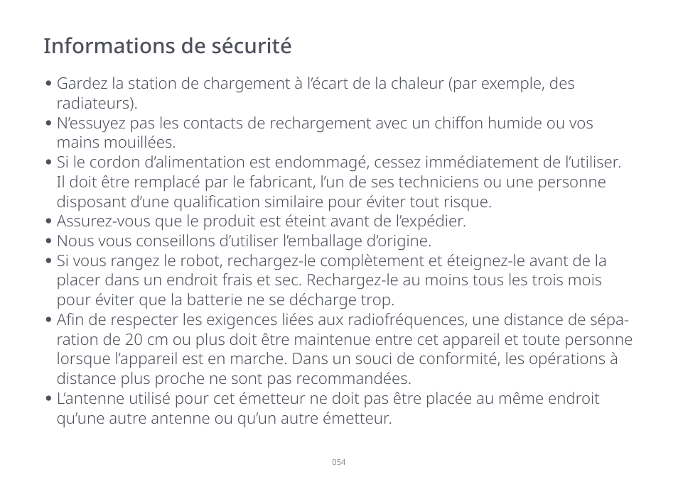 Informations de sécurité | Roborock S7 CE User Manual | Page 54 / 372